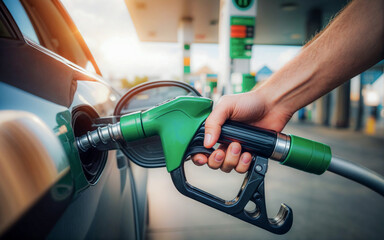 A close-up of an adult person's hand dispensing gasoline from a green pump into a car at a service station during the day - obrazy, fototapety, plakaty