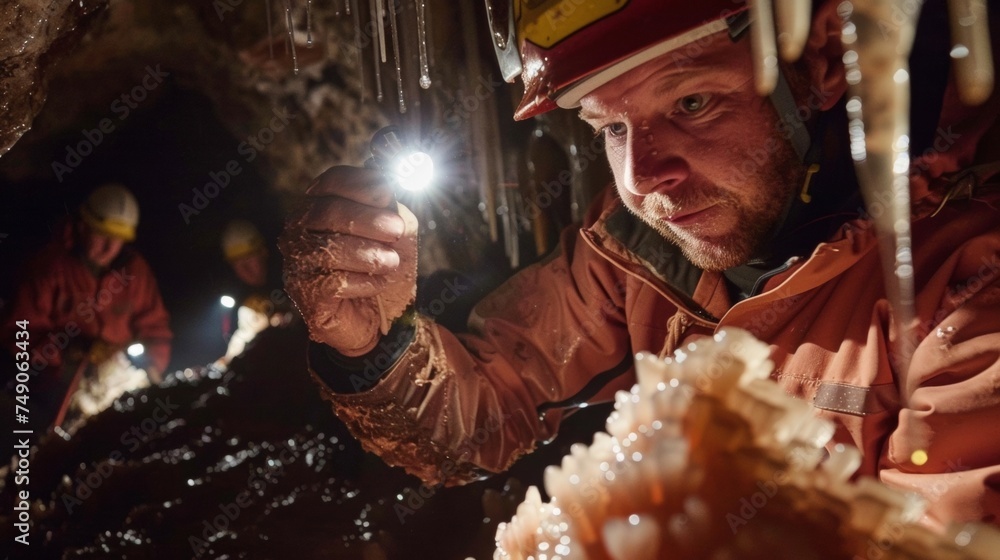 Poster deep in a cave a team of scientists shines flashlights on intricate formations of volcanic stalactit