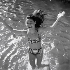 A Moment of Joy: Black and White Image of a Girl Celebrating Summer, Vintage Style Authentic Snapshot