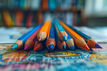 A vibrant closeup of sharp colored pencils laying on a geographic map, showcasing a creative and...