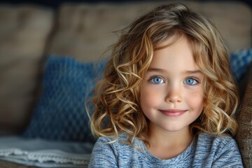 Cheerful young girl with blue eyes and curly hair smiling, comfortable home setting