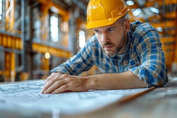 An engineer with a hard hat is intently reviewing architectural blueprints on a busy construction site