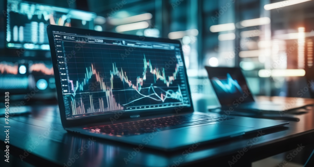 Poster innovative trading - a modern workspace with multiple screens displaying stock market data