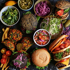 Colorful Assortment of Burgers and Vegetables for a Delicious Meal