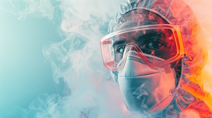 Scientist in PPE exploring a smoky environment with futuristic goggles
