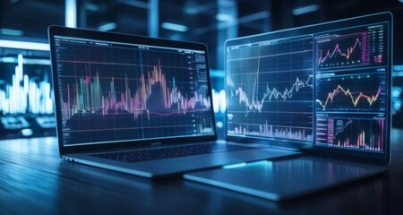  Advanced technology - Two laptops with financial charts on a desk