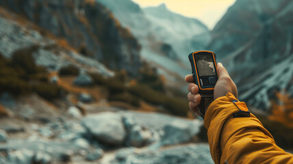 Hand holding a GPS device displaying a map against a backdrop of rugged mountain terrain, signifying adventure