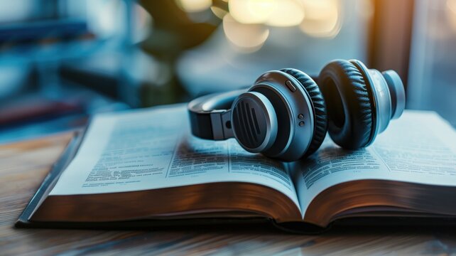 Headphones rest on an open book, representing the modern way of consuming literature through audiobooks