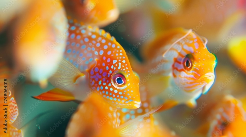 Poster an upclose and personal encounter with a school of unique and colorful fish with unique patterns and