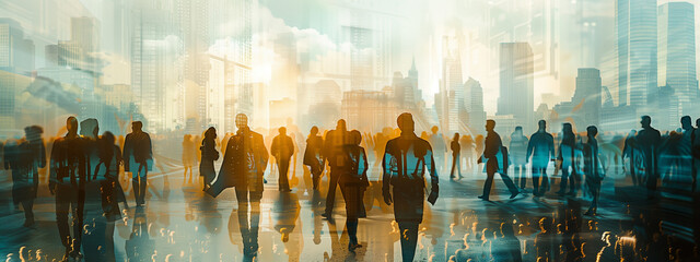 City skyline and a crowd of silhouetted figures, capturing the collective energy and spirit of the metropolis.