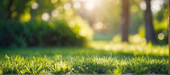  A fresh spring sunny garden background of green grass and blurred foliage bokeh.