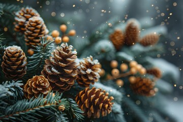 Fototapeta premium Wintry scene with pine cones covered in frost amidst festive holiday lights and snowfall