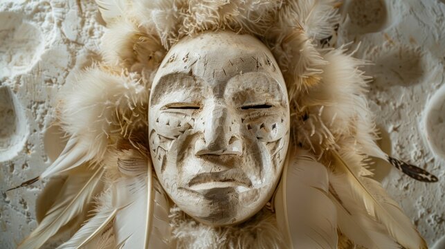 A beautifully crafted traditional Inuit mask intricately carved from whalebone and adorned with feathers is on display in an igloo symbolizing the importance of spirituality