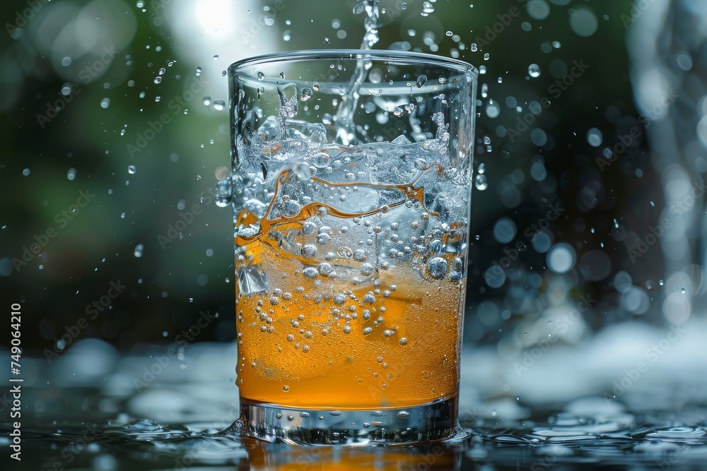 Aufkleber a dynamic moment as water splashes in a glass, with sparkling bokeh lights creating an energetic and