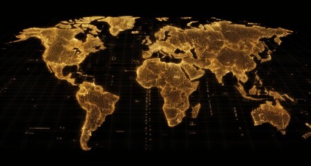  Illuminated world map on a grid, highlighting global connectivity