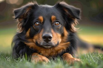A portrait capturing the emotive, intense gaze of a domestic black and tan dog with a blurred green background, evoking loyalty and companionship