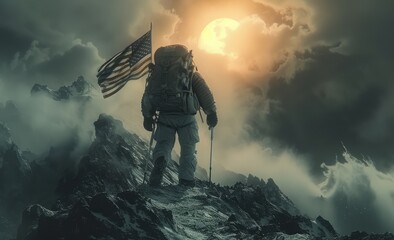 An astronaut with an American flag stands atop a mountain under a moonlit sky, evoking feelings of pride and the spirit of exploration, suitable for patriotic events. - Powered by Adobe