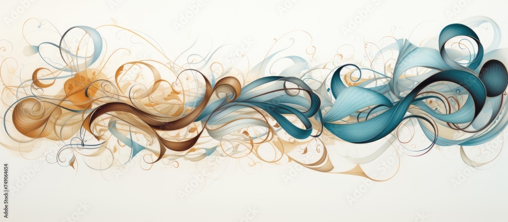 Aufkleber this painting features intricate swirls of blue and brown paint on a white wall, creating a dynamic 