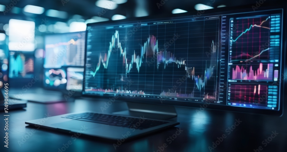 Poster advanced trading station with multiple monitors and laptop
