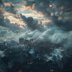 Cityscape Enveloped in Clouds and Mist