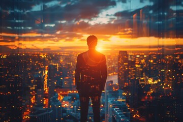 Silhouette of a man standing in front of a window with a dramatic sunset view over the city skyline