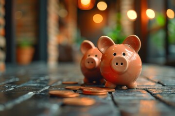 Close-up image of two ceramic piggy banks with a dynamic bokeh background, symbolizing savings and financial planning