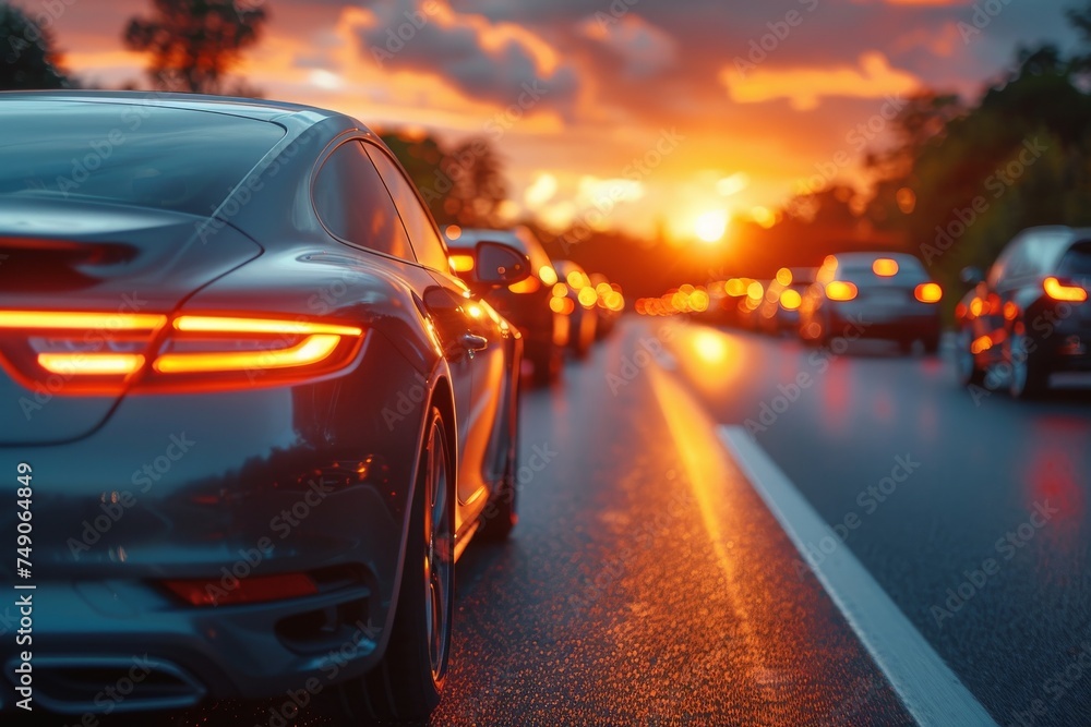 Poster striking image of a luxury car on the road with the sun setting in the background, creating a captiv