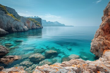 A breathtaking coastal view showcasing clear turquoise waters gently lapping against rocky cliffs...