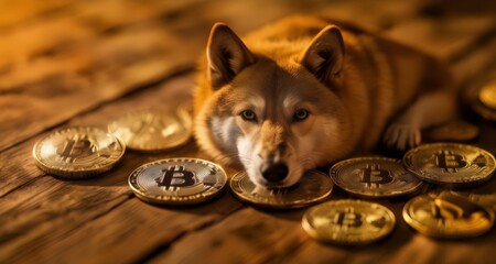  Bitcoin's loyal guardian, resting amidst the digital gold
