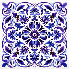 Ethnic folk ceramic tile in talavera style with navy blue floral ornament. Italian seamless pattern, traditional Portuguese and Spain decor. Mediterranean porcelain pottery on white background