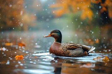 A single mallard duck swims on a serene pond surrounded by fall foliage, evoking feelings of peace...