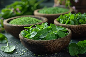 Bowls of fresh green basil leaves present a crisp and aromatic addition to culinary arts, showcasing organic and healthy lifestyle