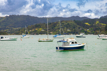 Fototapeta na wymiar Moored boats in Whangaroa Harbour, Northland, New Zealand