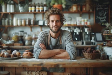 A cheerful man with curly hair smiles while leaning on a wooden café counter surrounded by baked goods and plants