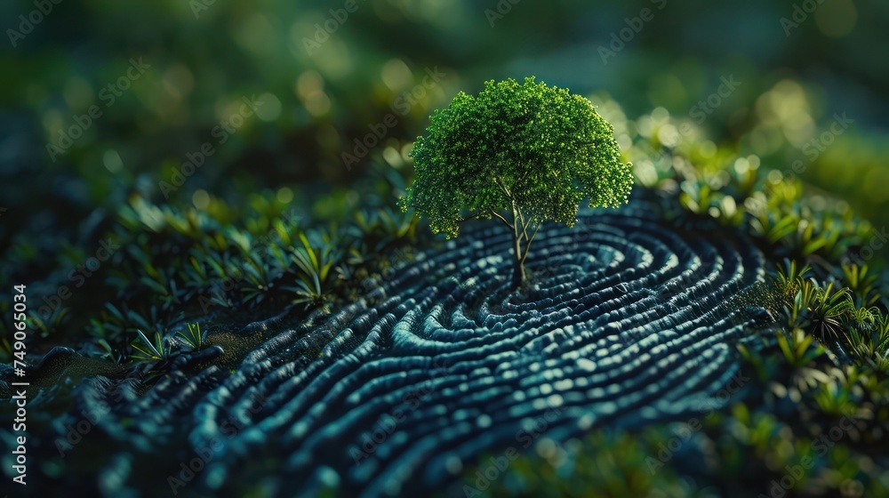Poster close up of a fingerprint evolving into a tree in digital art minimalist eco tech style symbolizing 
