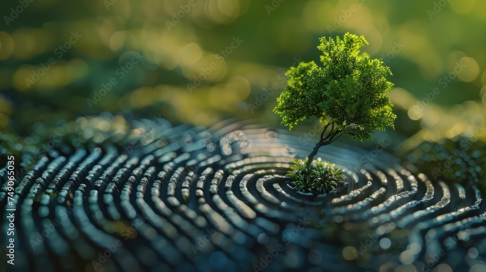 Poster close up of a fingerprint evolving into a tree in digital art minimalist eco tech style symbolizing 