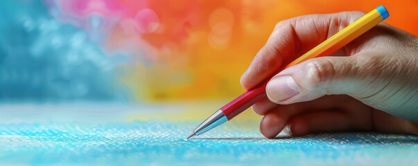 Close up of a hand writing a summer postcard in photorealistic style minimalist with a rainbow pen and summer hues in the background