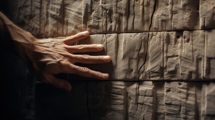 Close up of a hand tracing the outline of a carved relief in a Persian ruin minimalist tactile illustration connecting touch and time