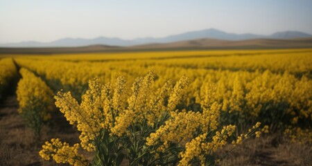 Fototapeta premium Vibrant yellow field, stretching to the horizon under a clear sky