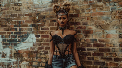 A woman poses in front of a gritty brick wall dressed in a mix of edgy elements such as a corset top ripped jeans and a chainmail headpiece. The underground fashion event
