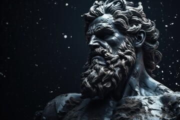 Close up of a shattered Zeus statue amidst a thunderstorm minimalist digital art symbolizing the fall of ancient powers