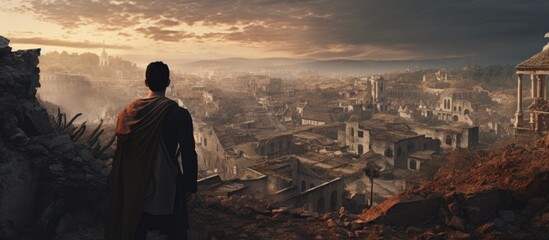A man stands on top of a cliff, gazing at a city below. The city features ancient ruins and destroyed buildings, offering a glimpse into its historical past. The tourist is immersed in the old citys