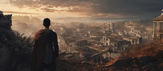 Photo sur Plexiglas Vieil immeuble A man stands on top of a cliff, gazing at a city below. The city features ancient ruins and destroyed buildings, offering a glimpse into its historical past. The tourist is immersed in the old citys
