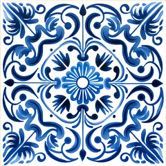 Gordijnen Ethnic folk ceramic tile in talavera style with navy blue floral ornament. Italian seamless pattern, traditional Portuguese and Spain decor. Mediterranean porcelain pottery on white background © ratatosk