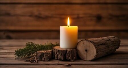 Fototapeta na wymiar Cozy ambiance with a flickering candle and rustic logs