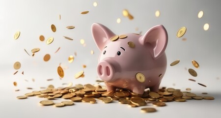  Piggy bank overflowing with coins, symbolizing wealth and savings - obrazy, fototapety, plakaty