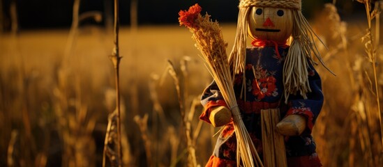 A scarecrow, standing tall and upright, overlooks a vast field of golden wheat. The straw-filled figure is intended to ward off birds and protect the valuable crop from harm. - obrazy, fototapety, plakaty