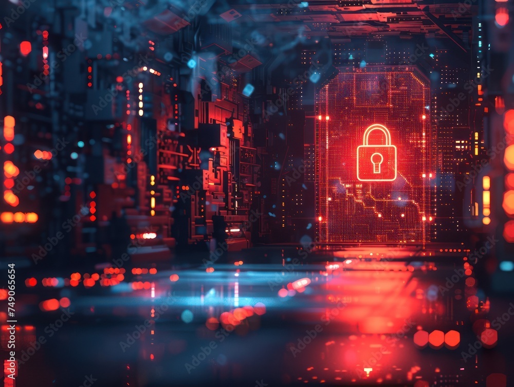 Poster medium shot of a digital lock interface glitching pixel art style minimalist depicting a cyber attac
