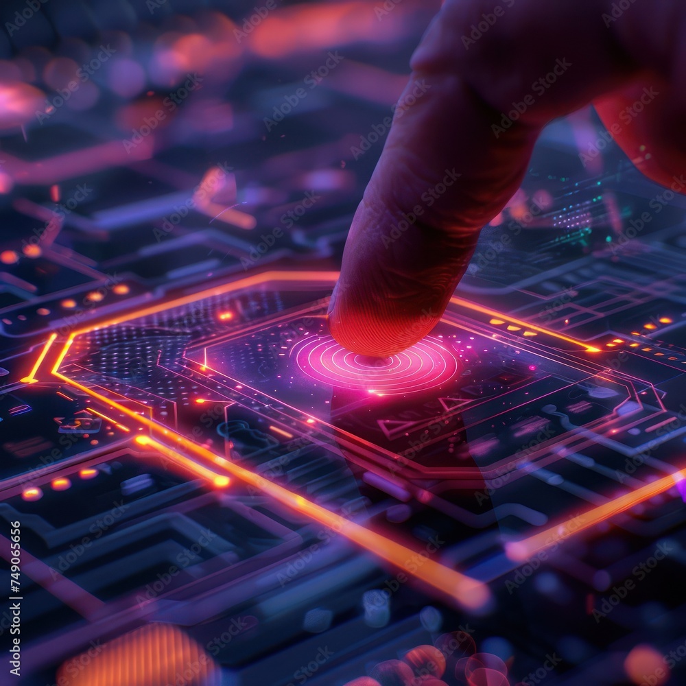 Poster medium shot of a futuristic security keypad glowing under a user s finger in a minimalist cyberpunk 