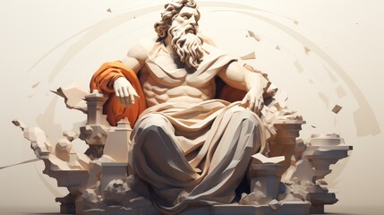 Medium shot of a broken Zeus statue in a modern museum 2D flat design with white background contrasting ancient mythology with contemporary settings